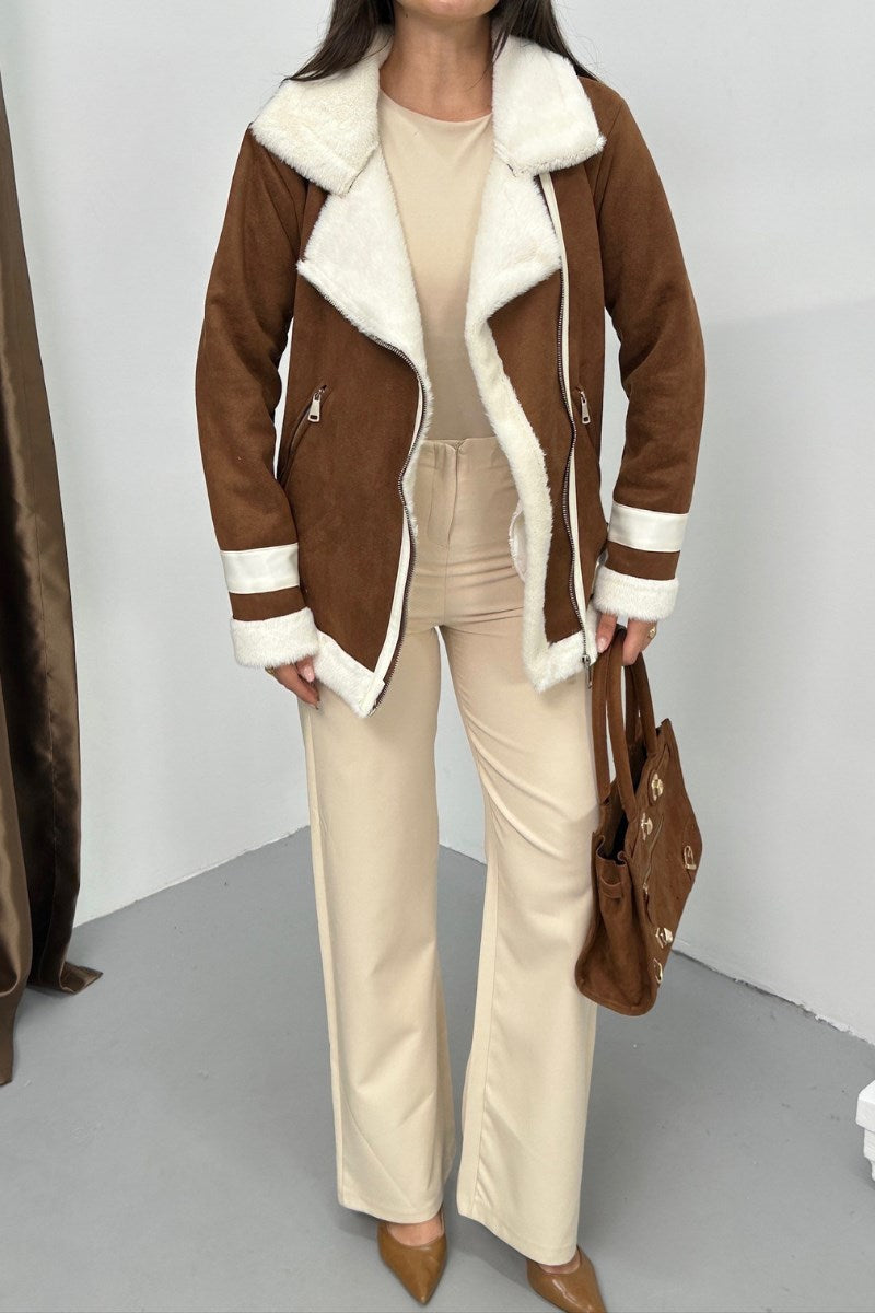 Kadın Süet Mont Oversize İçi Kürklü Fermuarlı Cepli Kol Detaylı Ceket Yaka Kışlık Kaban