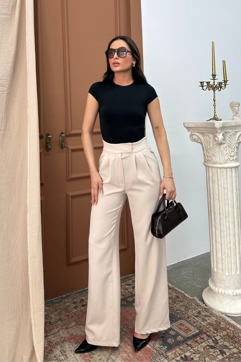 Kadın Palazzo Pantolon Beli Cırtlı Çift Cepli Bol Paça Pantolon