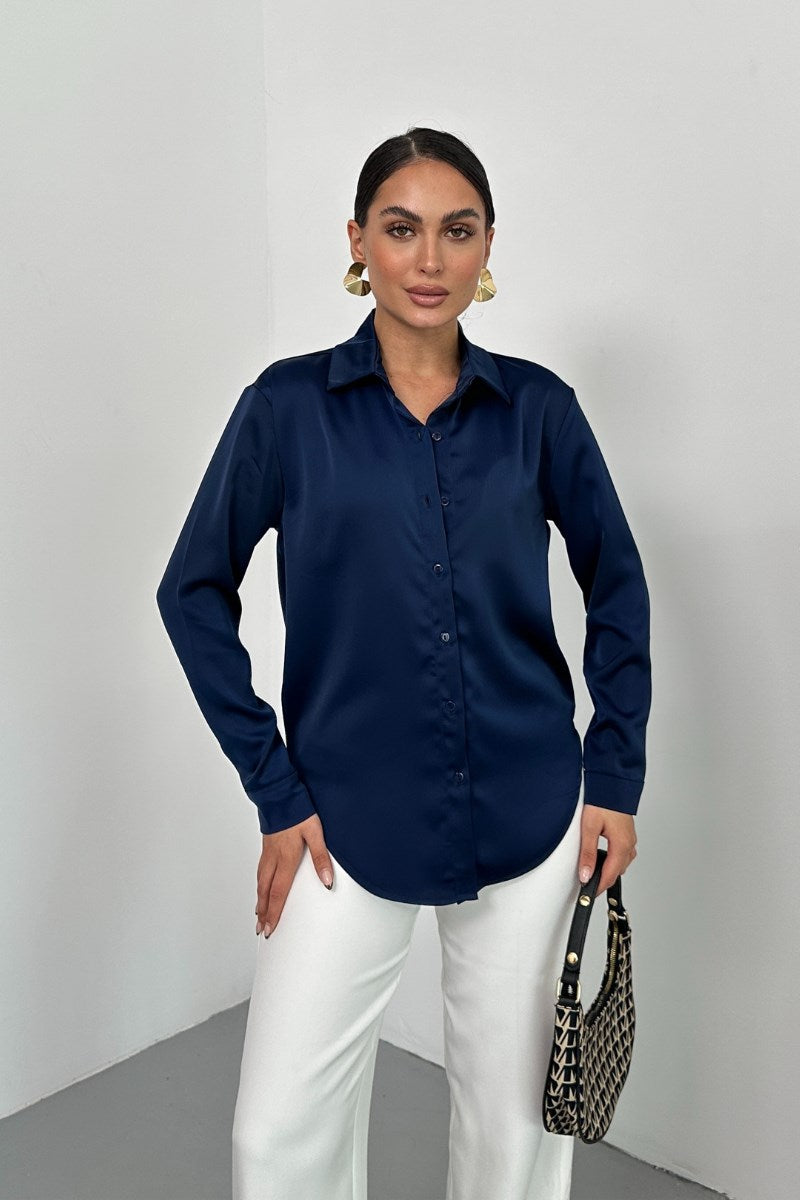 Kadın Gömlek Saten Uzun Kollu Düşük Omuz Düğmeli Şık Gömlek
