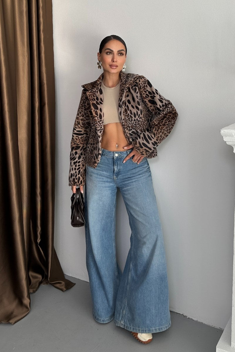 Kadın Ceket Kısa Leopar Desenli Fox Kumaş Ceket Yaka Düğmeli Kürk Mont
