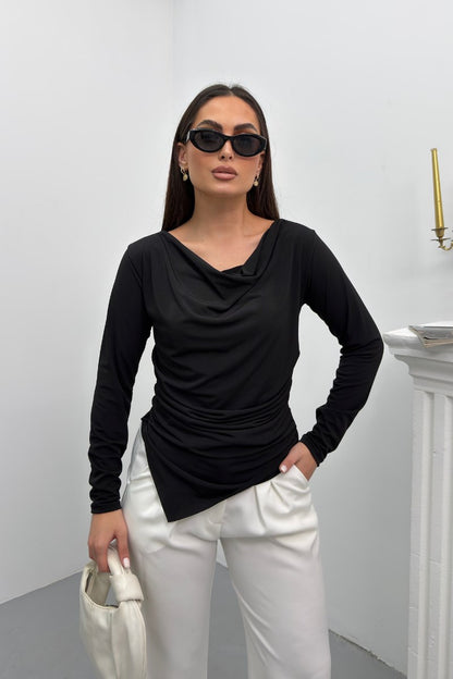 Kadın Bluz Drapeli Uzun Kollu Degaje Yaka Asimetrik Kesim Sandy Kumaş Likralı Şık Bluz