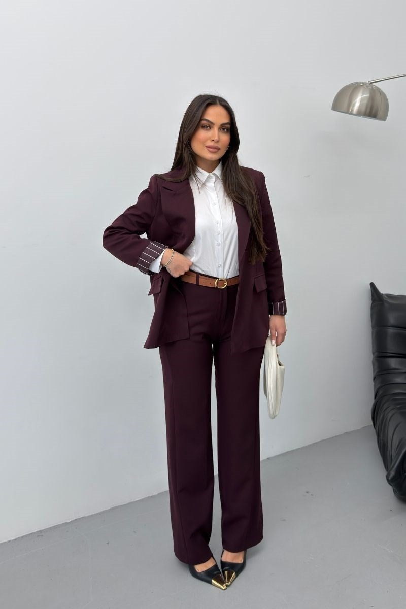 Kadın İkili Alt Üst Takım Kemerli Çizgili Astarlı Cep Detaylı Regular Blazer Ceket Pantolon Takım