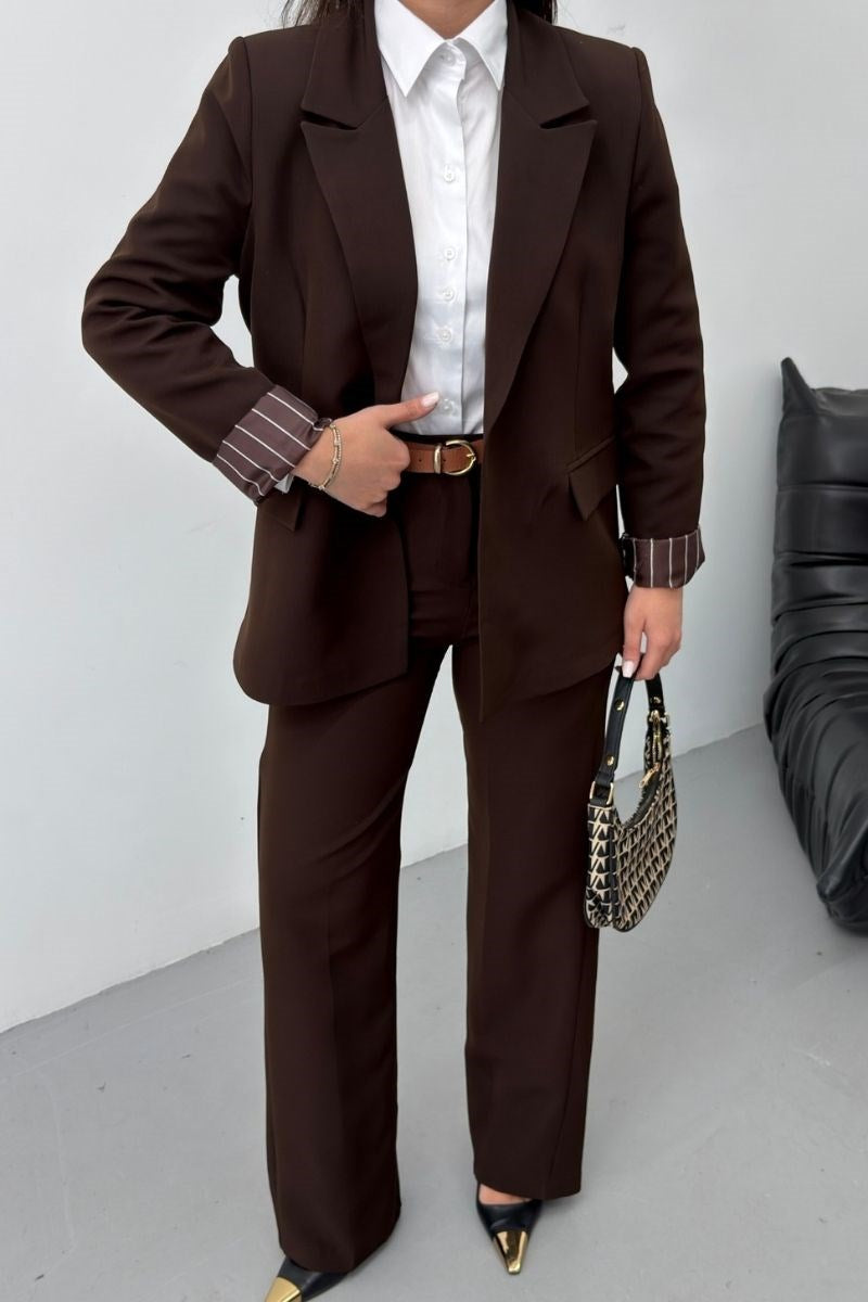 Kadın İkili Alt Üst Takım Kemerli Çizgili Astarlı Cep Detaylı Regular Blazer Ceket Pantolon Takım