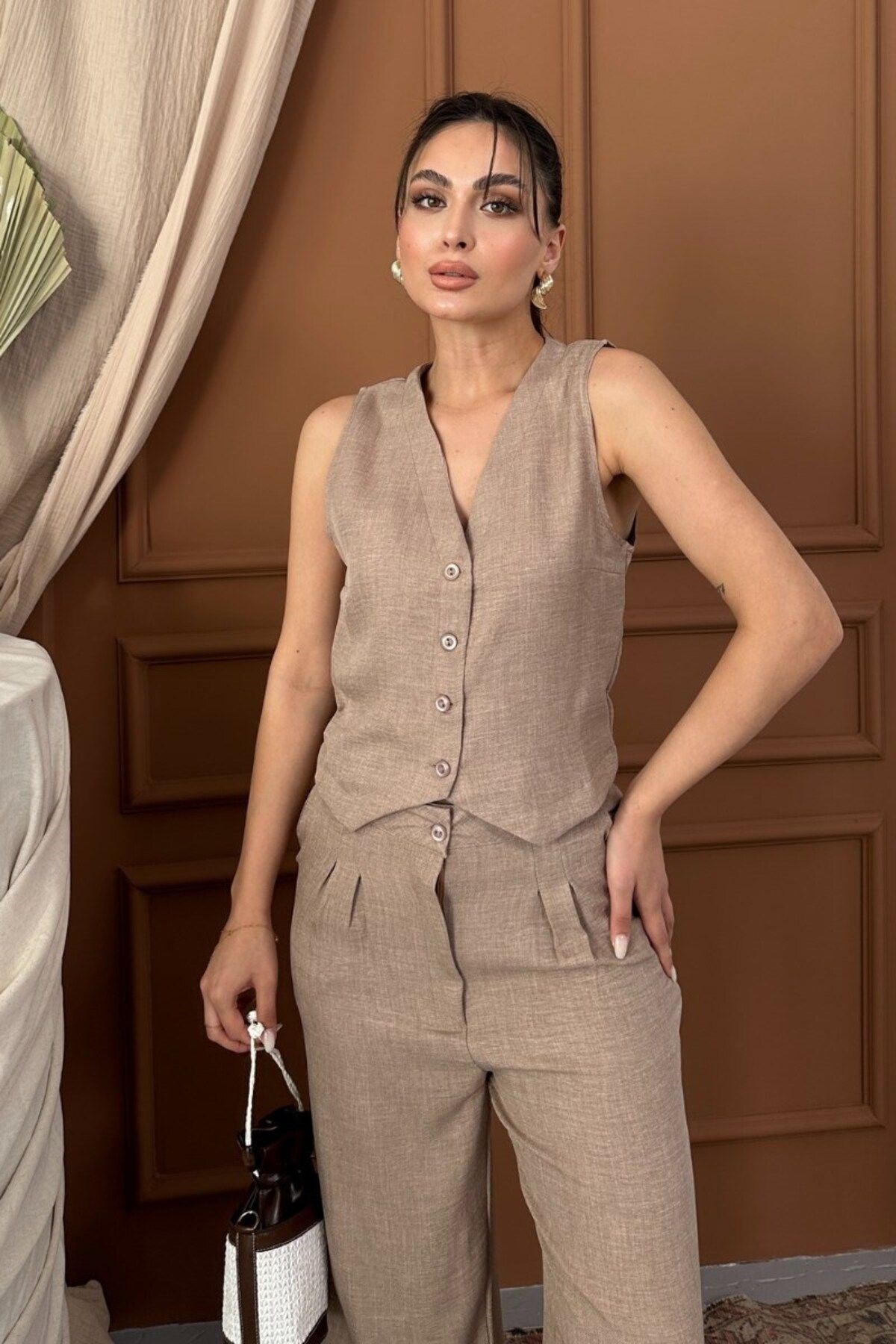 Kadın Alt Üst Takım Keten Düğmeli V Yaka Yelek Bol Paça Pantolon Takım