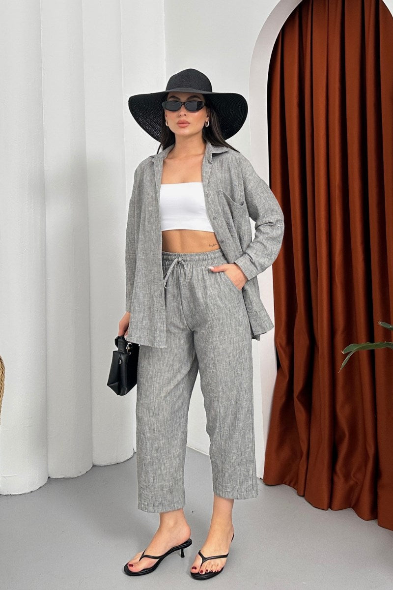 Kadın Alt Üst Takım Yazlık Keten Cep Detaylı Pantolon Gömlek İkili Takım