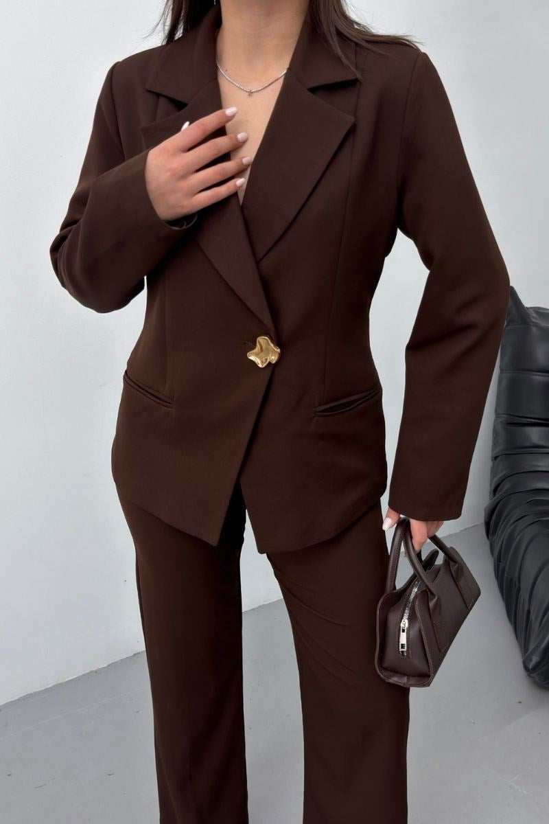 Kadın İkili Alt Üst Takım Şık Gold Düğmeli Fleto Cepli Blazer Ceket Bol Paça Pantolon Takım