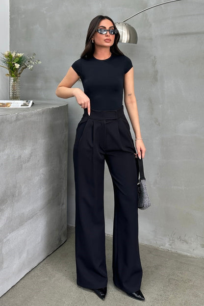 Kadın Palazzo Pantolon Beli Cırtlı Çift Cepli Bol Paça Pantolon