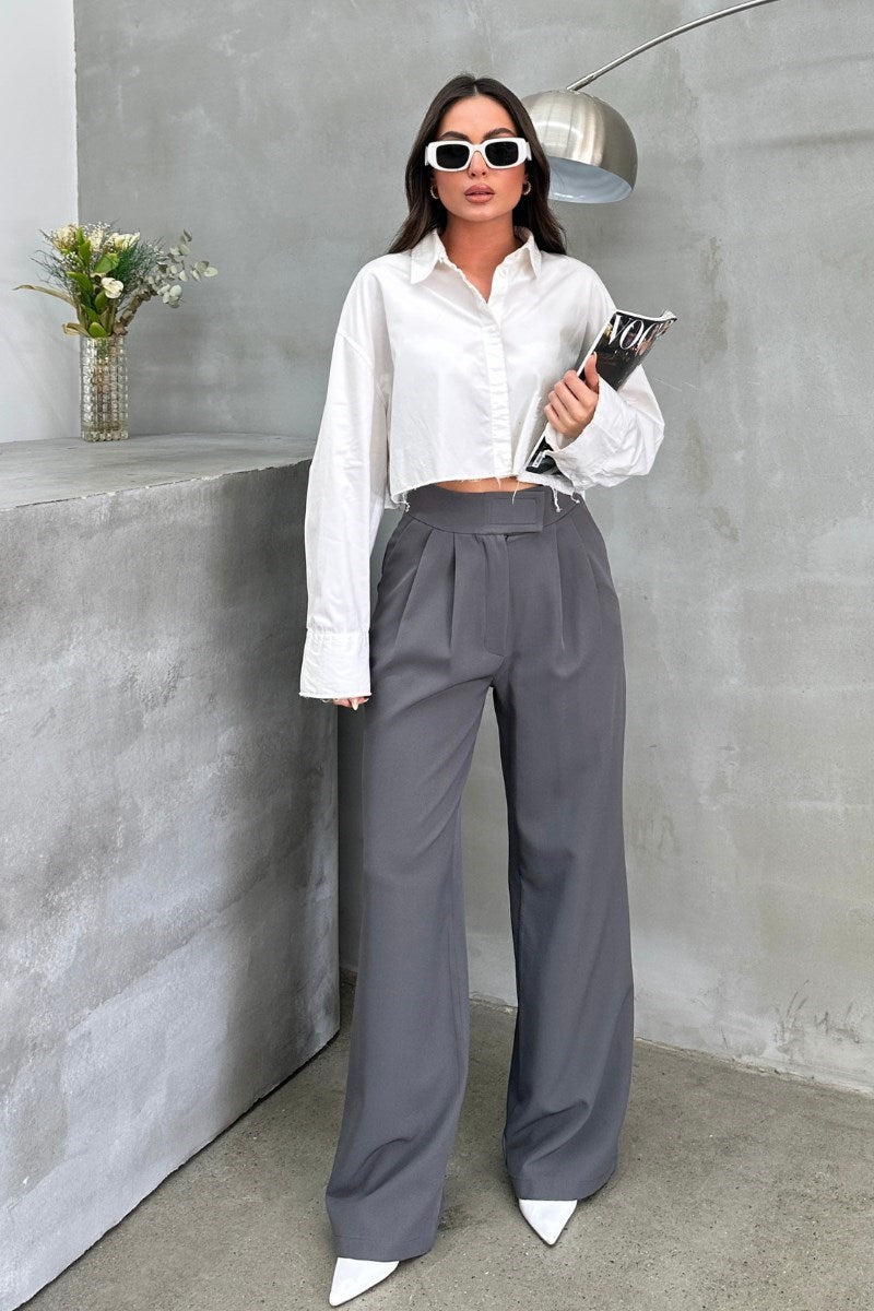 Kadın Palazzo Pantolon Beli Cırtlı Çift Cepli Bol Paça Pantolon