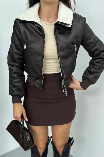 Kadın Ceket Kısa Süet İçi Kürklü Fermuarlı Çift Cepli Ribanalı Kısa Mont