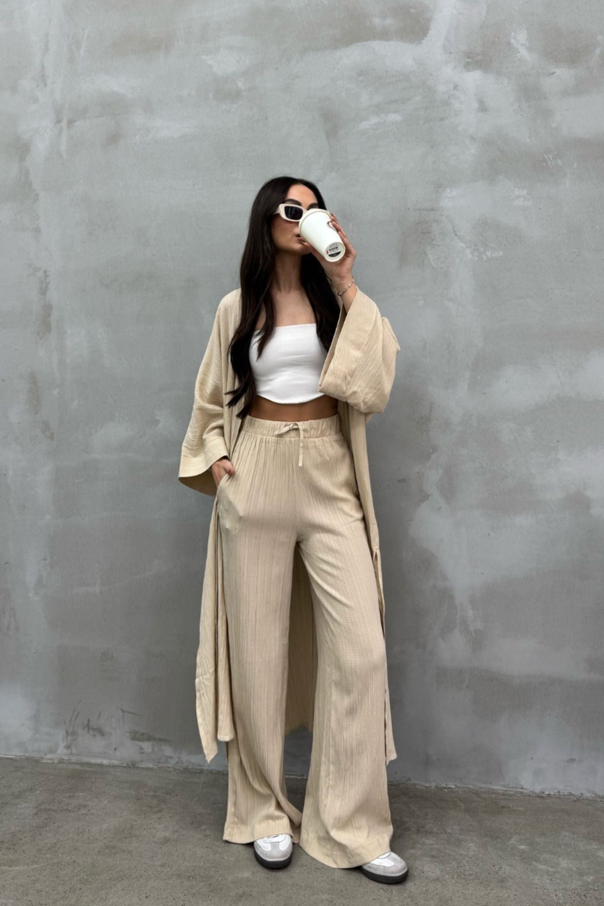 Kadın Yırtmaçlı Gofre Ikili Kimono Takım