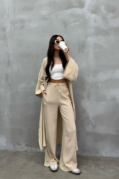 Kadın Yırtmaçlı Gofre Ikili Kimono Takım