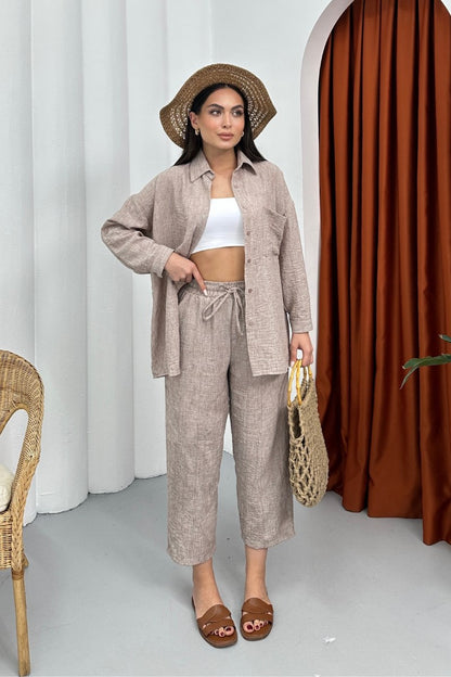 Kadın Alt Üst Takım Yazlık Keten Cep Detaylı Pantolon Gömlek İkili Takım