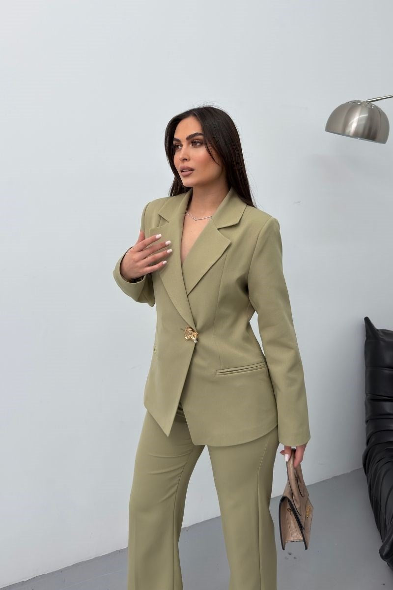 Kadın İkili Alt Üst Takım Şık Gold Düğmeli Fleto Cepli Blazer Ceket Bol Paça Pantolon Takım