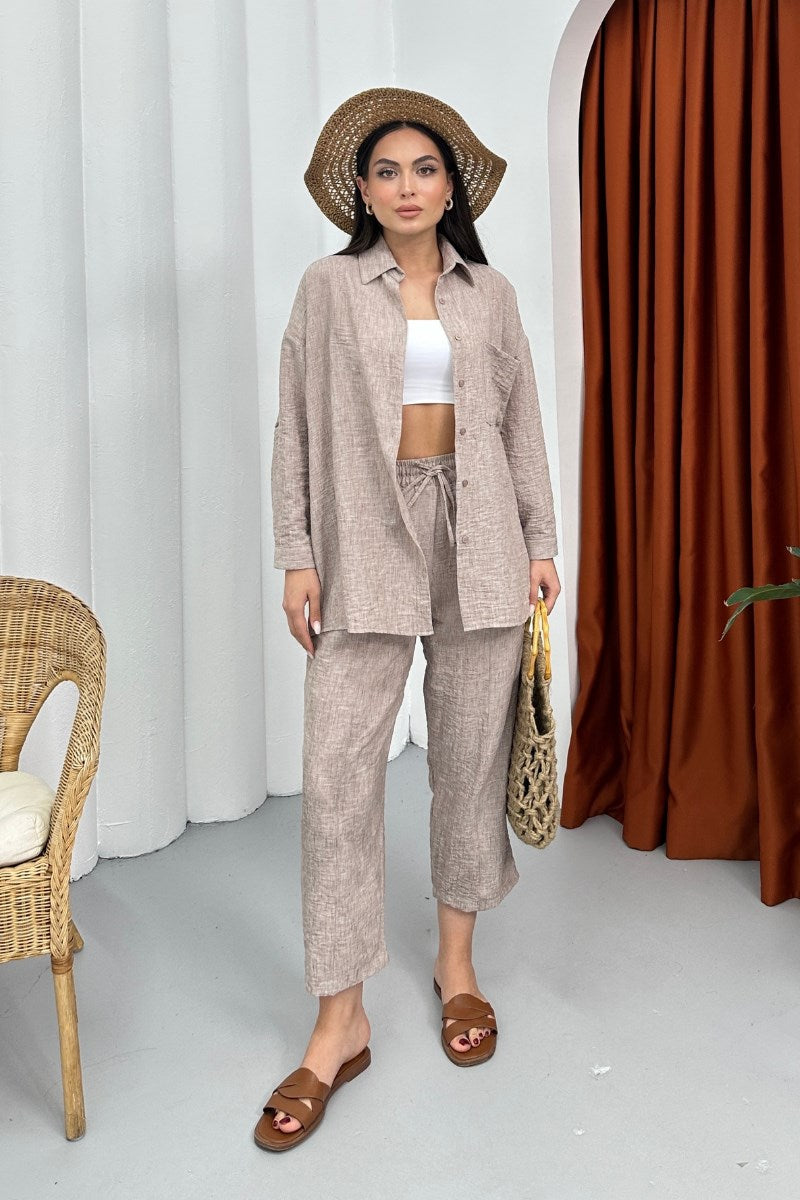 Kadın Alt Üst Takım Yazlık Keten Cep Detaylı Pantolon Gömlek İkili Takım