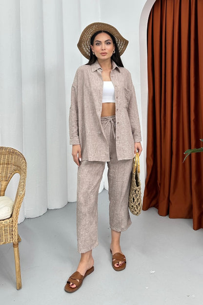 Kadın Alt Üst Takım Yazlık Keten Cep Detaylı Pantolon Gömlek İkili Takım