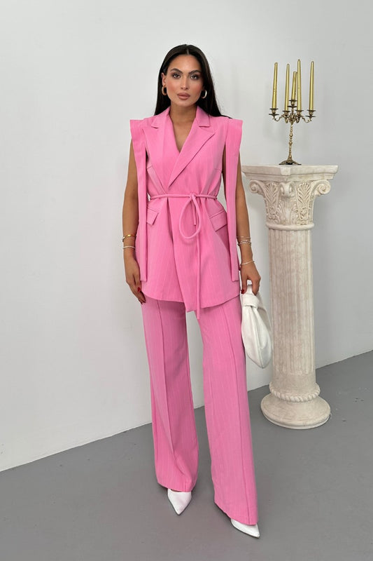 Kadın Alt Üst İkili Takım Çizgili Omuz Detaylı Kuşaklı Yelek Pantolon Takım BEYAZ 36