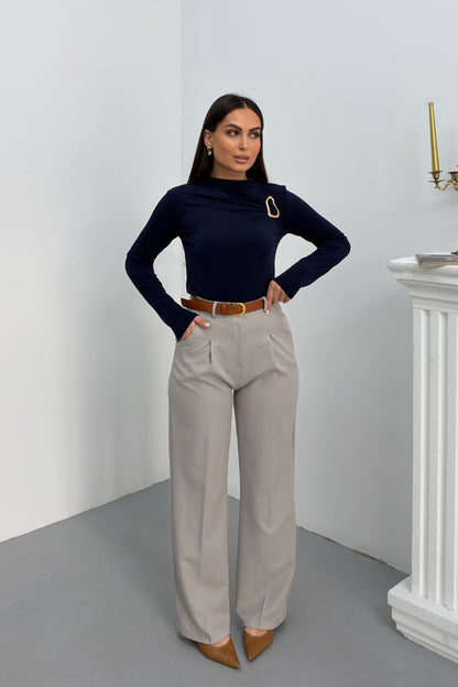 Kadın Pantolon Kemerli Pile Detaylı Çift Cepli Bol Paça Pantolon