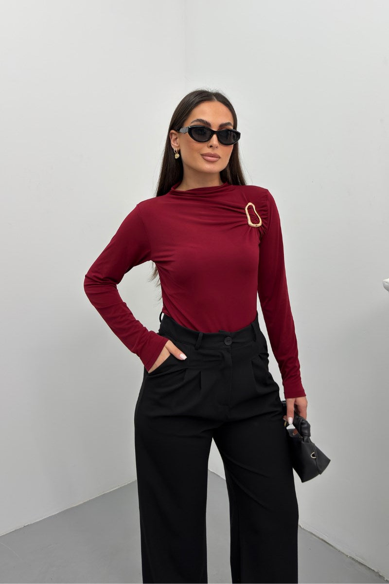 Kadın Bluz Gold Toka Detaylı Büzgülü Uzun Kollu Sandy Kumaş Likralı Şık Bluz