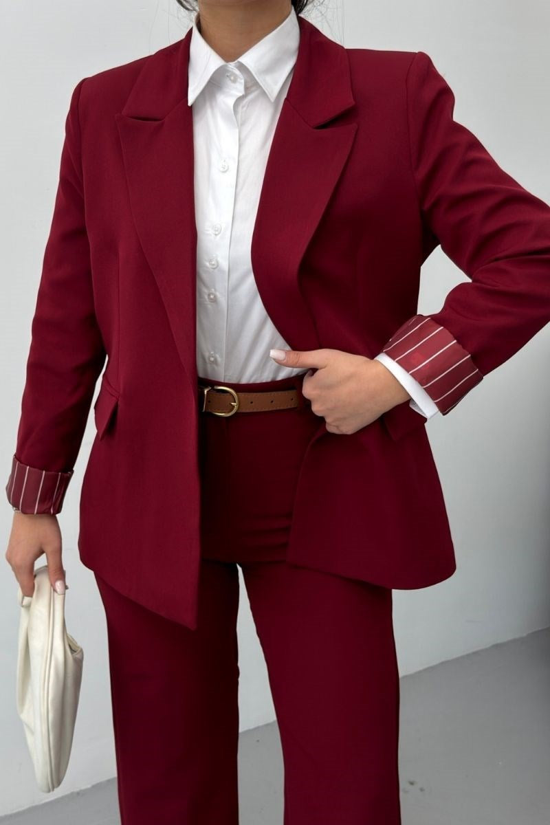 Kadın İkili Alt Üst Takım Kemerli Çizgili Astarlı Cep Detaylı Regular Blazer Ceket Pantolon Takım