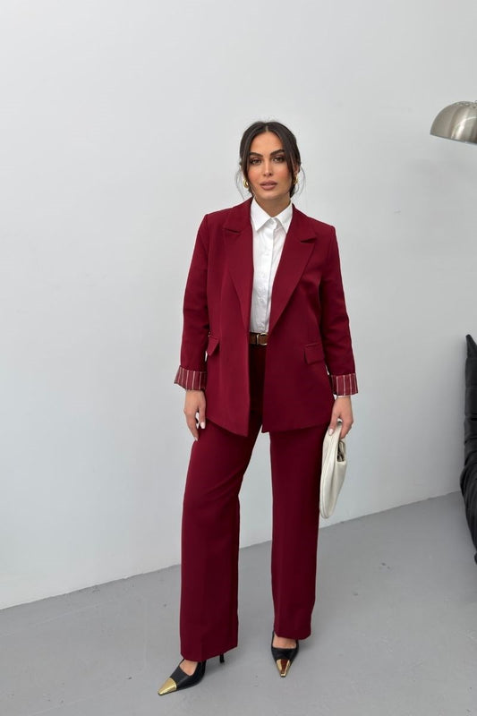 Kadın İkili Alt Üst Takım Kemerli Çizgili Astarlı Cep Detaylı Regular Blazer Ceket Pantolon Takım