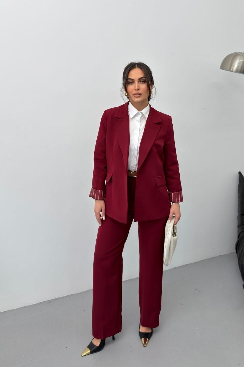 Kadın İkili Alt Üst Takım Kemerli Çizgili Astarlı Cep Detaylı Regular Blazer Ceket Pantolon Takım