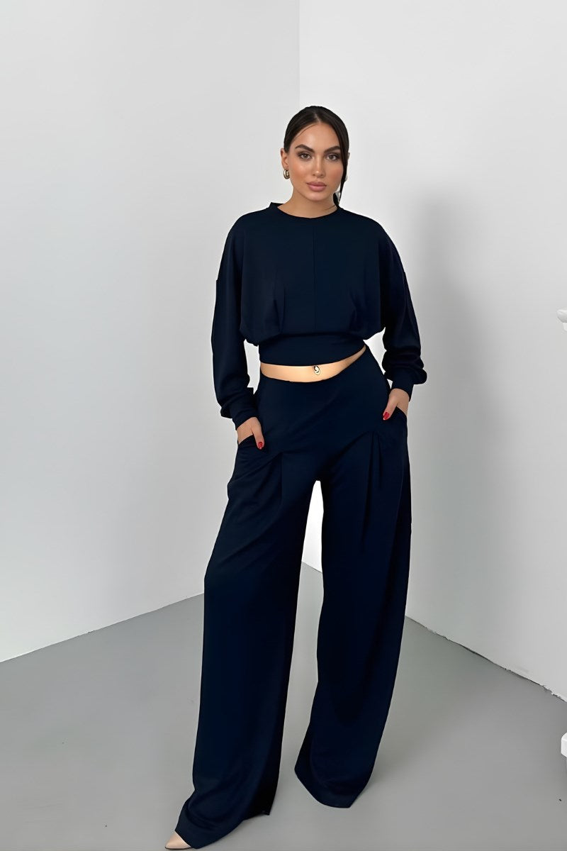 Kadın İkili Alt Üst Takım Modal Kumaş Düşük Omuz Bisiklet Yaka Crop Üst Piliseli Yüksek Bel Geniş Paça Cepli Pantolon Takım