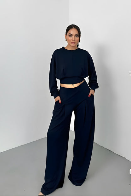 Kadın İkili Alt Üst Takım Modal Kumaş Düşük Omuz Bisiklet Yaka Crop Üst Piliseli Yüksek Bel Geniş Paça Cepli Pantolon Takım