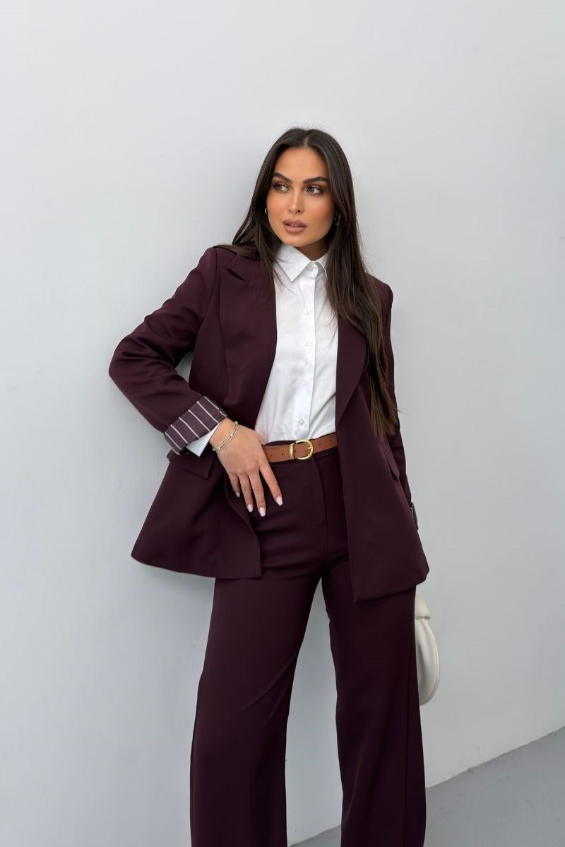 Kadın İkili Alt Üst Takım Kemerli Çizgili Astarlı Cep Detaylı Regular Blazer Ceket Pantolon Takım