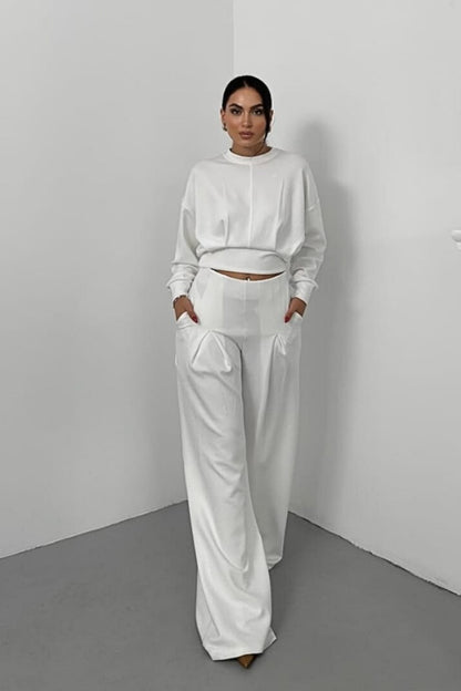 Kadın İkili Alt Üst Takım Modal Kumaş Düşük Omuz Bisiklet Yaka Crop Üst Piliseli Yüksek Bel Geniş Paça Cepli Pantolon Takım