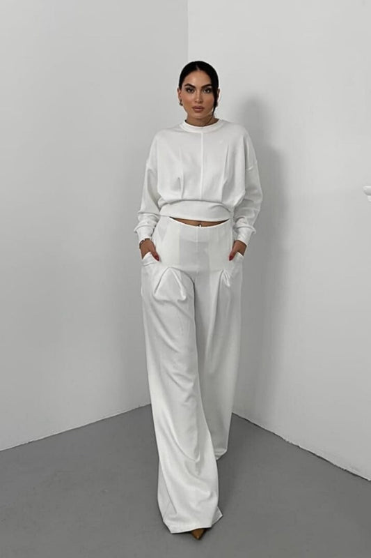 Kadın İkili Alt Üst Takım Modal Kumaş Düşük Omuz Bisiklet Yaka Crop Üst Piliseli Yüksek Bel Geniş Paça Cepli Pantolon Takım